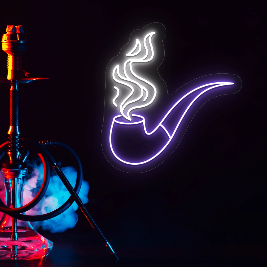 purple and white retro smoke and pipe vintage neon sign mounted on a wall