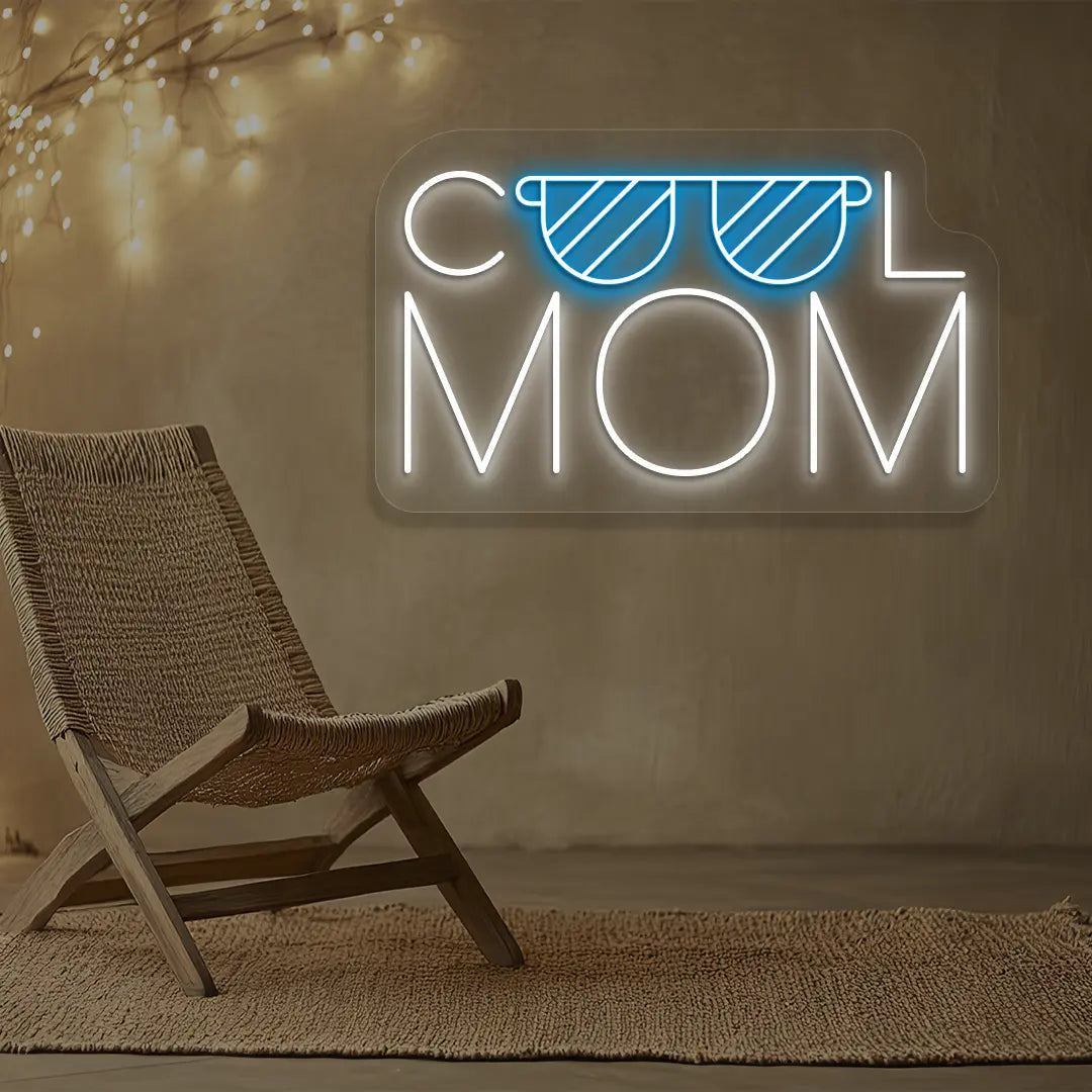 ice blue and white cool mom trendsetter neon sign mounted on a wall
