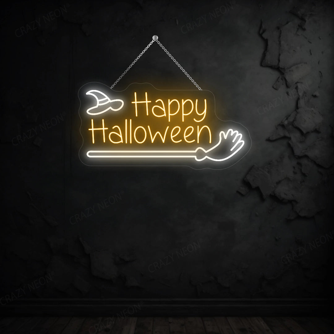 Happy Halloween with Broom Stick LED Neon Sign | orange 