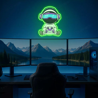 Kid Astronaut VR Gamer Neon Artwork in Green Color mounted on Wall 