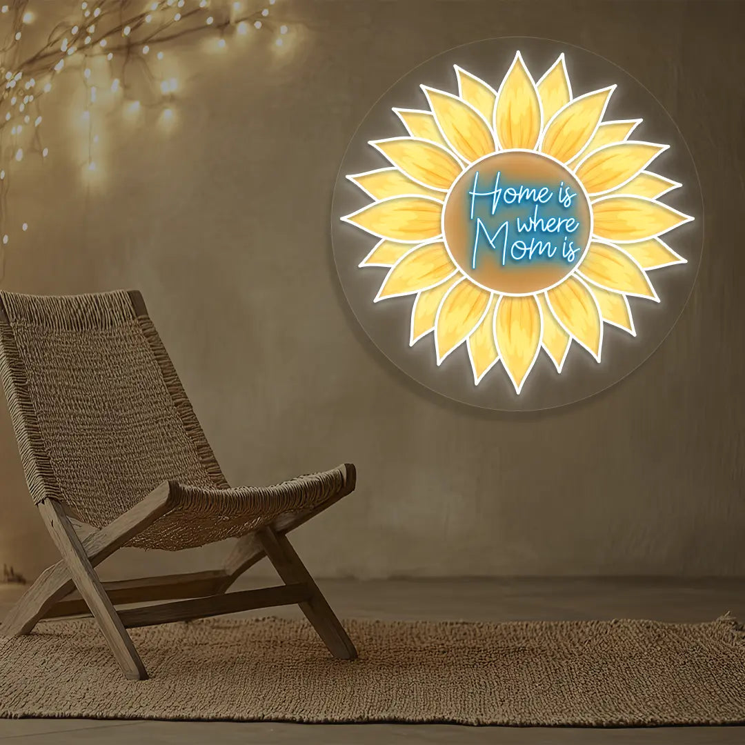 Home Is Where Mom Is Sunflower Neon Artwork in Iceblue Color