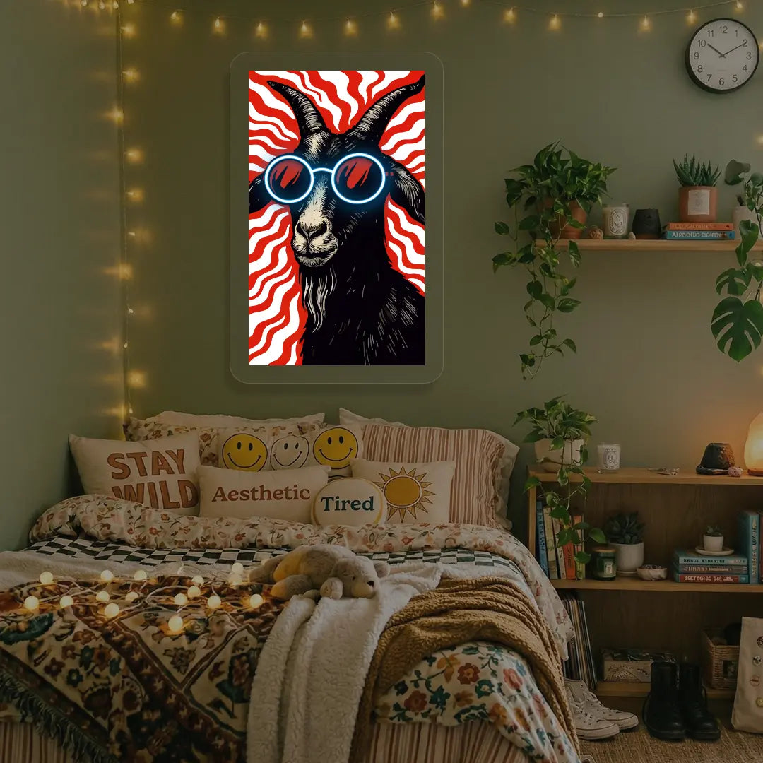 Goat with Sunglasses Neon Artwork in Iceblue