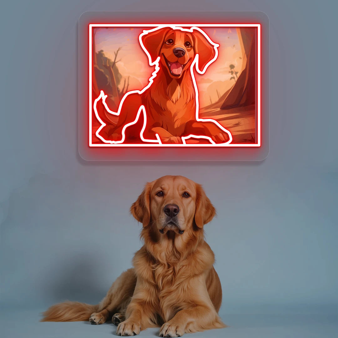 Golden Retriever Portrait Neon Artwork in Red color