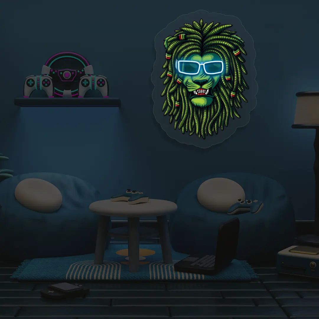 Lion Green Dreadlocks Neon Artwork in iceblue color