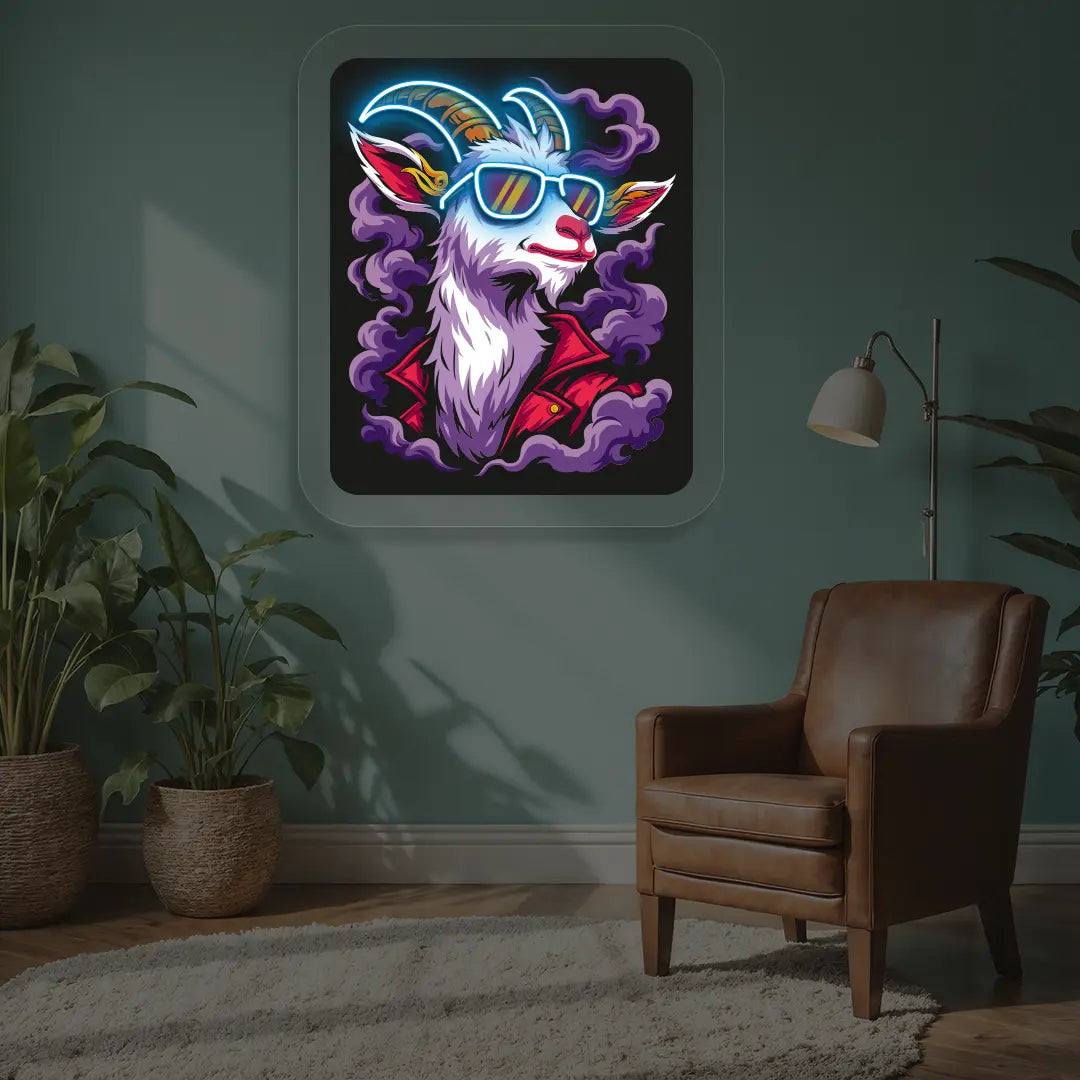 Stylish Goat with Sunglasses Neon Artwork in Iceblue color