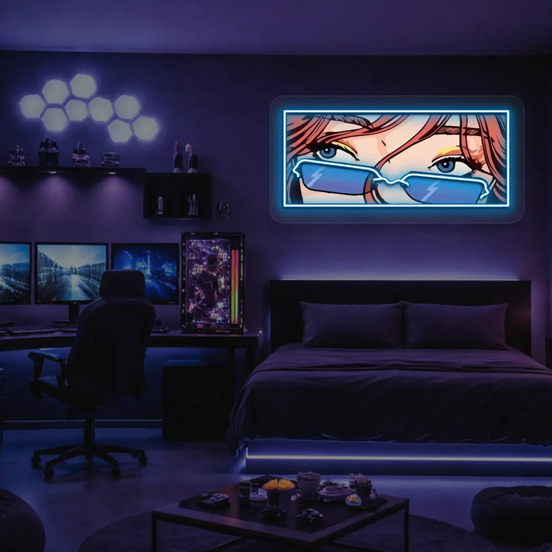 Lo-Fi Gaze Neon Artwork in iceblue color