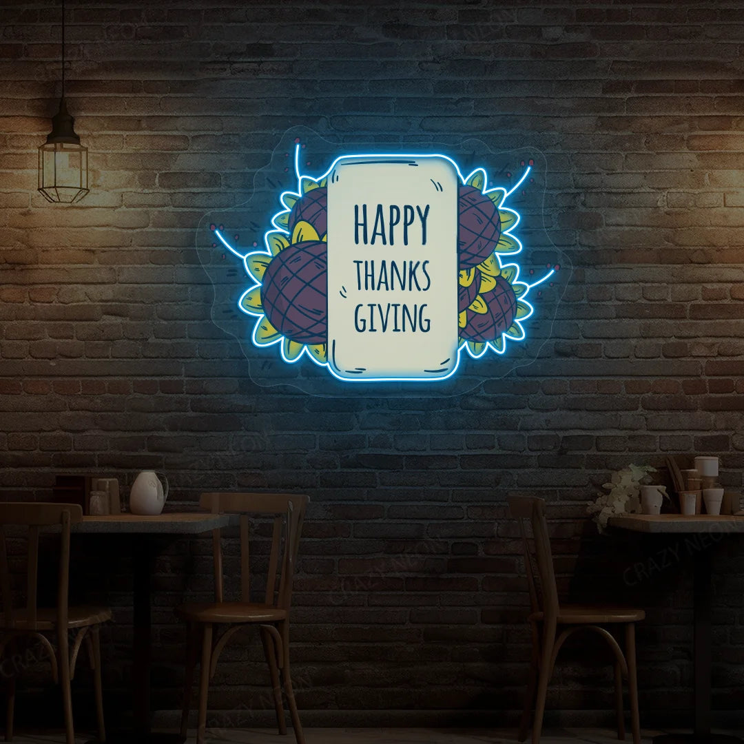 Happy thanksgiving sunflower neon sign in ice blue