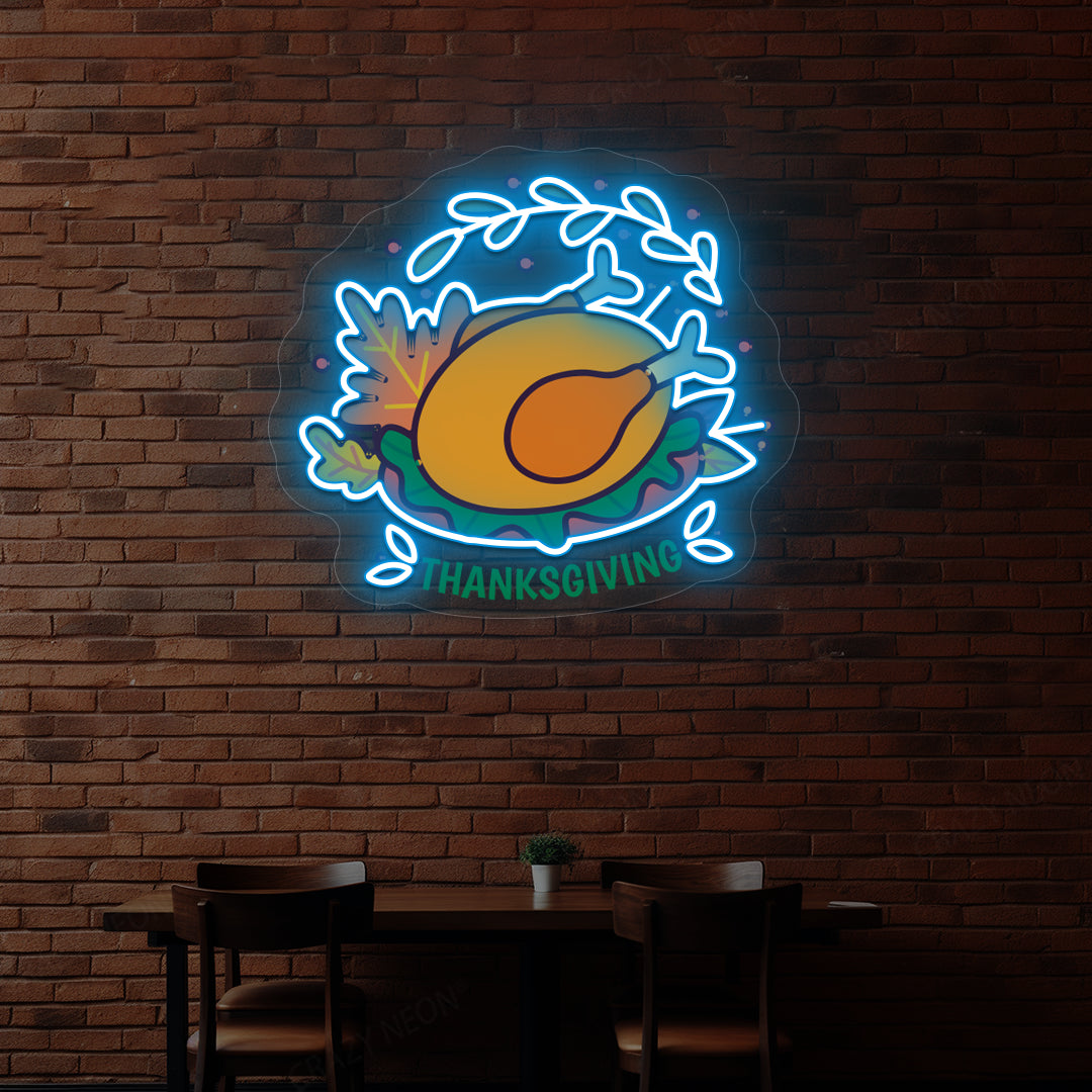 Thanksgiving roast turkey neon sign in ice blue