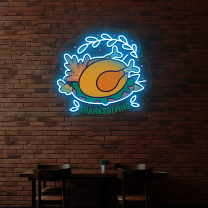 Thanksgiving roast turkey neon sign in ice blue