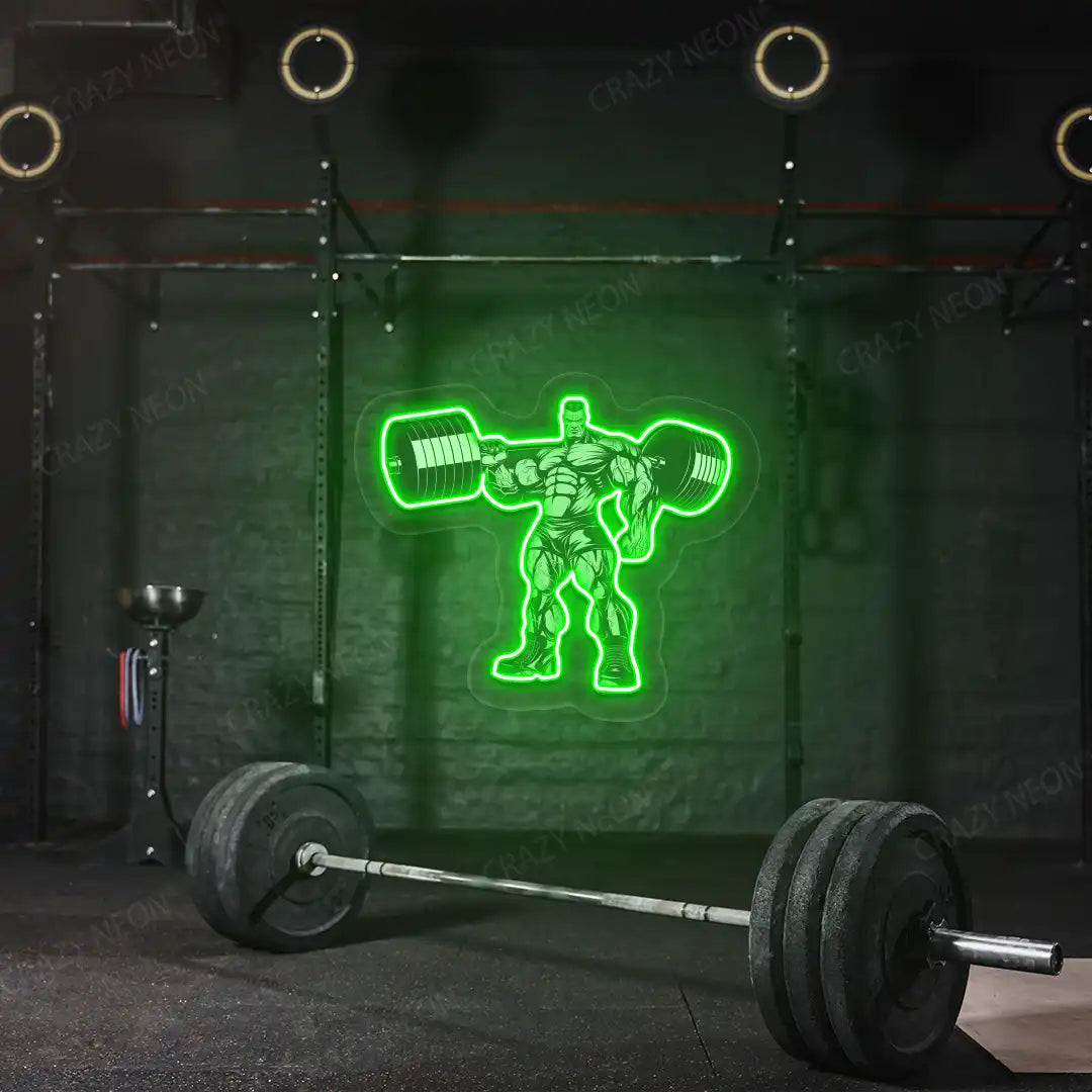 green bodybuilder power flex gym neon artwork mounted on a wall