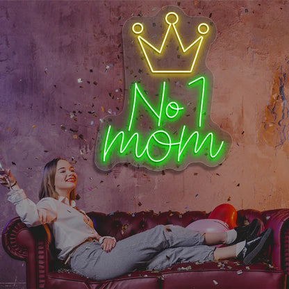 green and yellow no 1 mom crown neon sign mounted on a wall