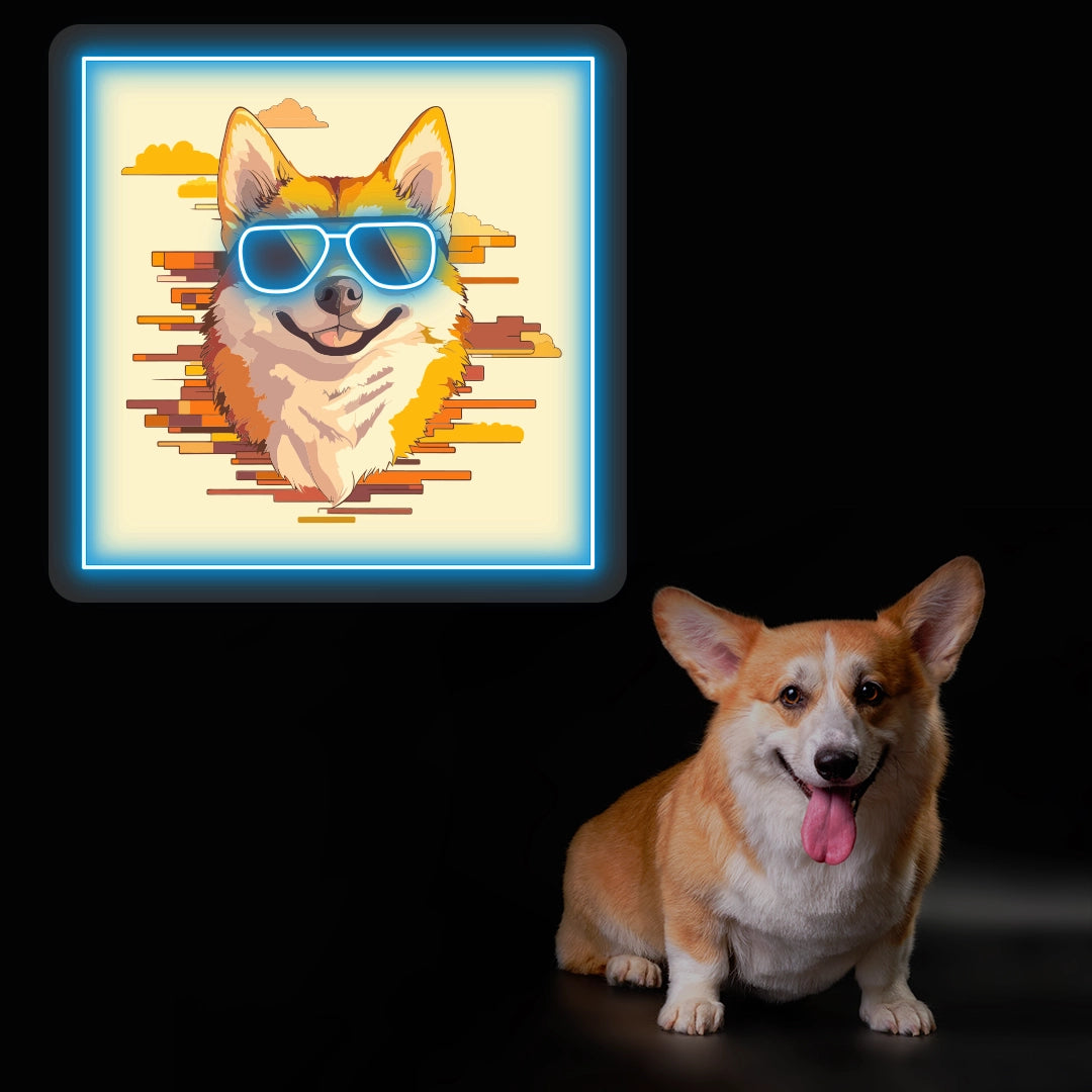 Cool Shades Corgi Neon Artwork in Iceblue color