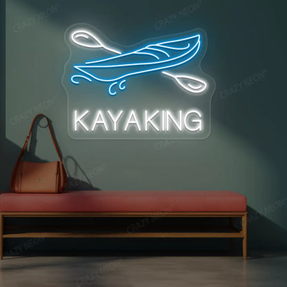 ice blue and white kayaking boat neon sign mounted on a wall