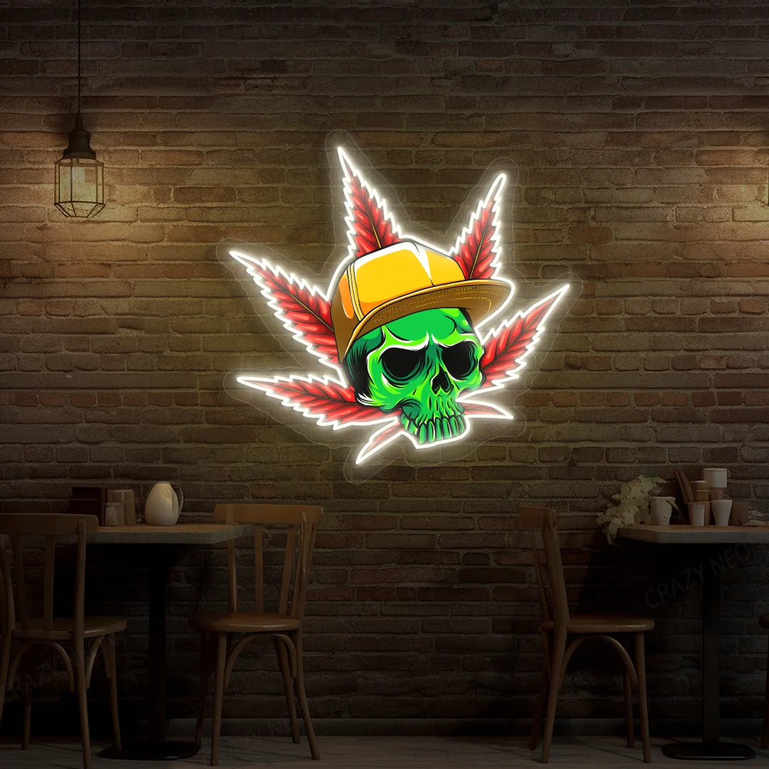 Skull Cap Weed Leaf Neon Artwork in White color