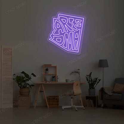 ARIZONA Map Neon Sign lighting up in purple color in a room