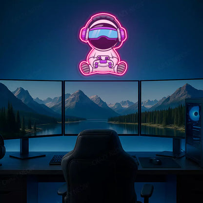 Kid Astronaut VR Gamer Neon Artwork in Pink Color mounted on Wall 