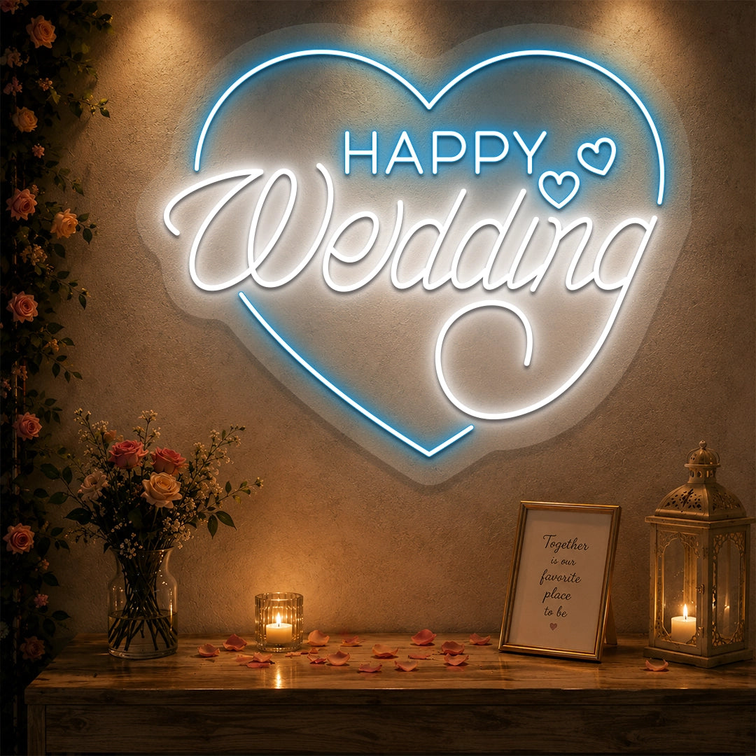 Happy Wedding Glow Neon Sign in Iceblue color