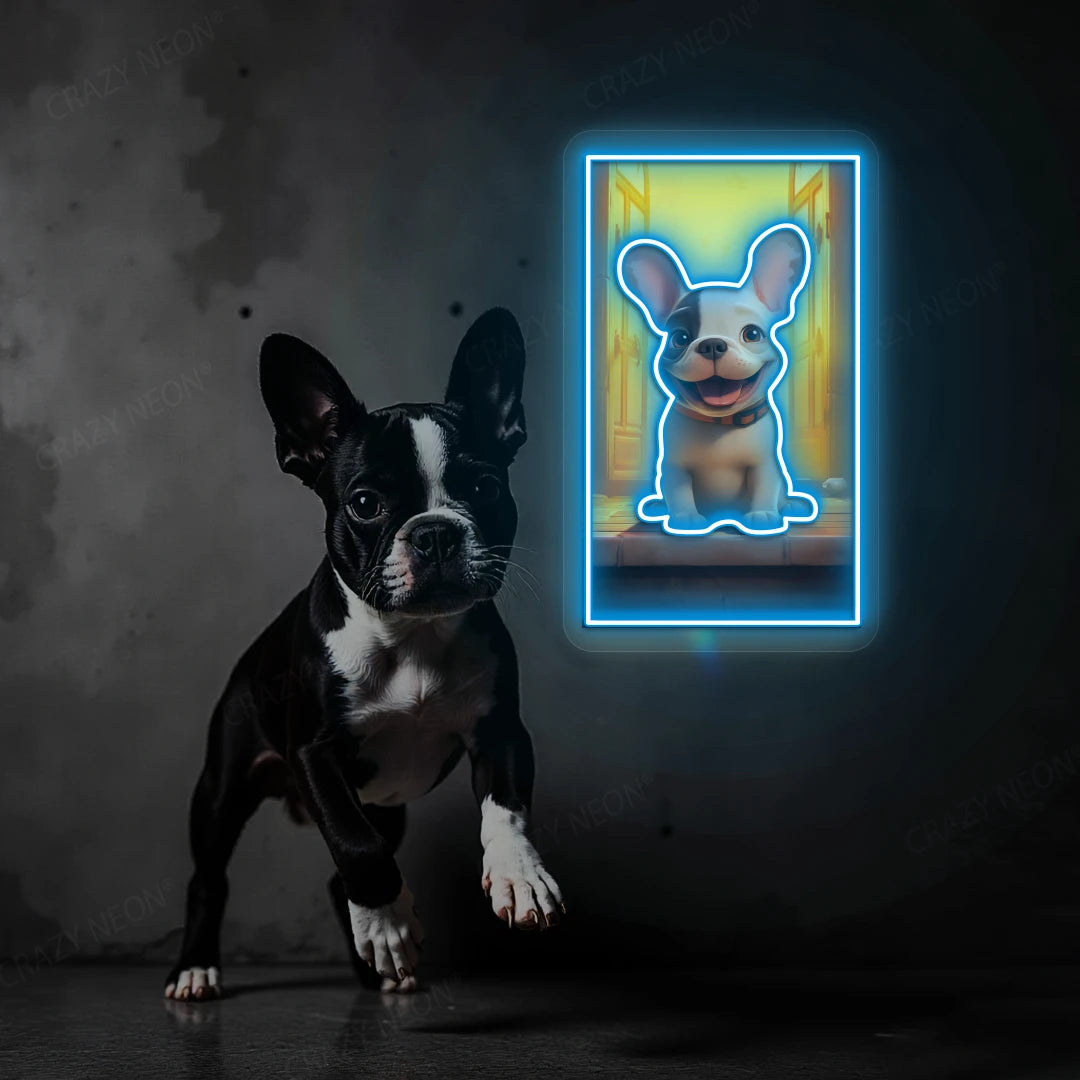 Happy French Bulldog Neon Artwork in Iceblue color