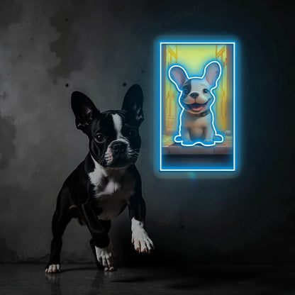 Happy French Bulldog Neon Artwork in Iceblue color