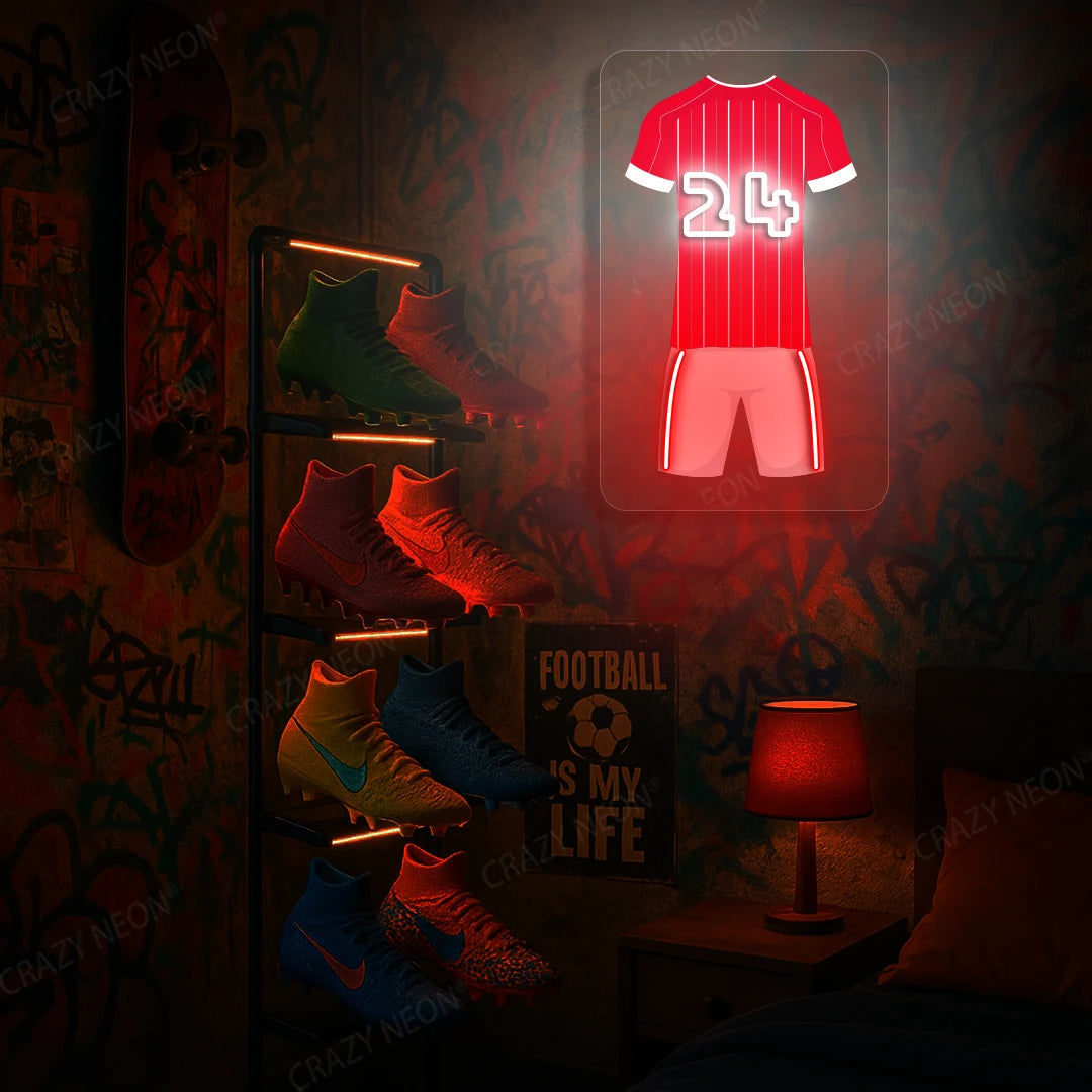 Red pinstriped football jersey neon artwork with number 24 glowing on a graffiti-covered wall 