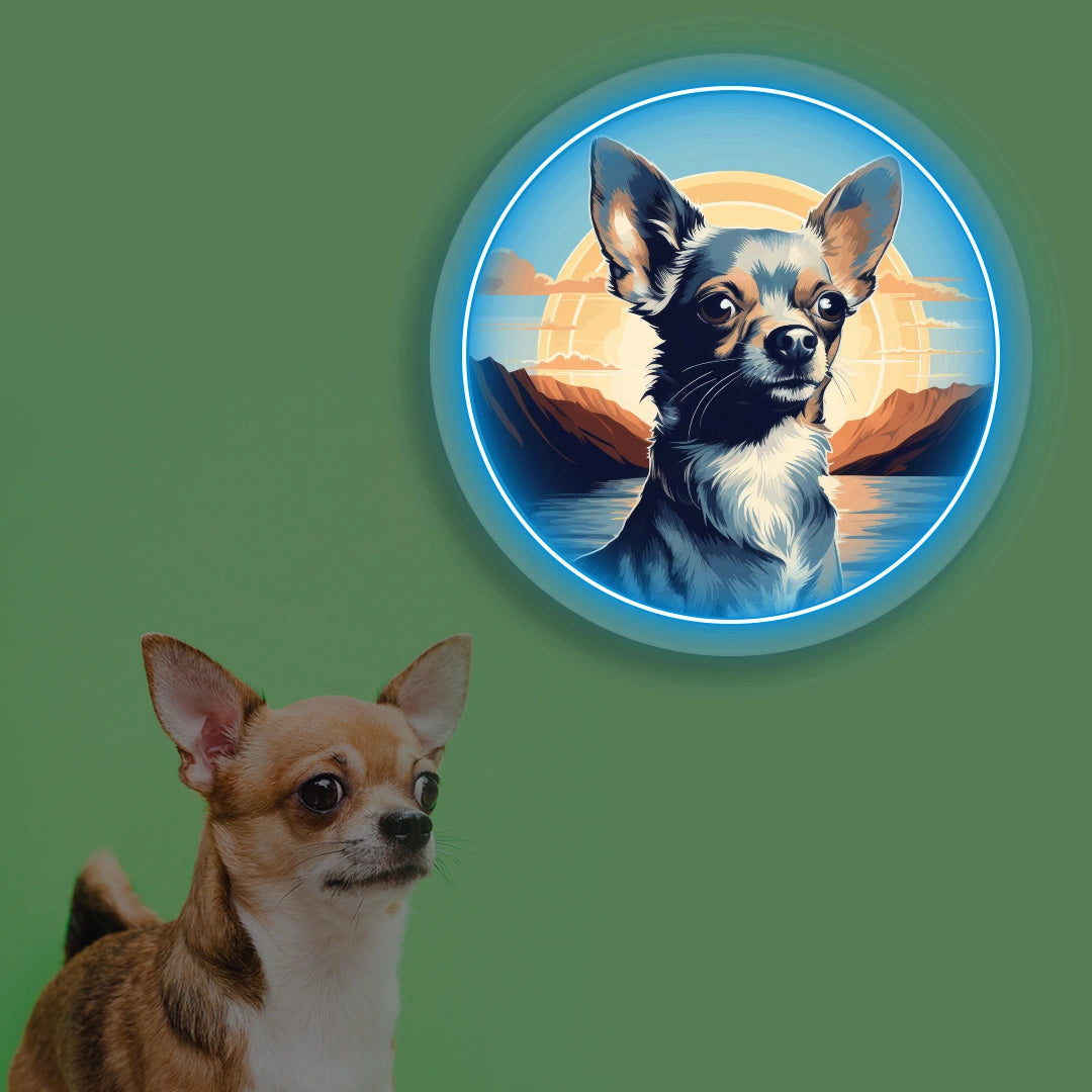 Sunset Lake Chihuahua Portrait Neon Artwork in iceblue color