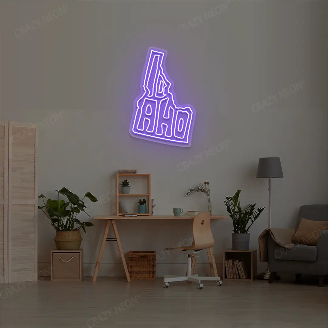 IDAHO Map Neon Sign lighting up in purple color in a room