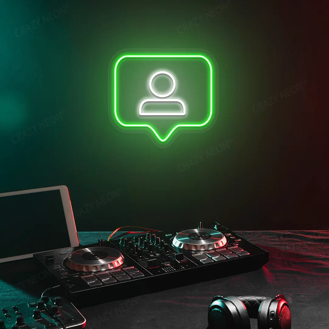 Profile Icon Box Neon Sign in Green color mounted on a Wall 