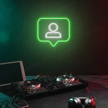 Profile Icon Box Neon Sign in Green color mounted on a Wall 