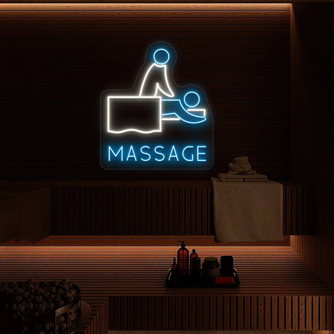 Tranquil Touch Massage neon sign glowing in white and ice blue colors mounted on a wooden spa wall