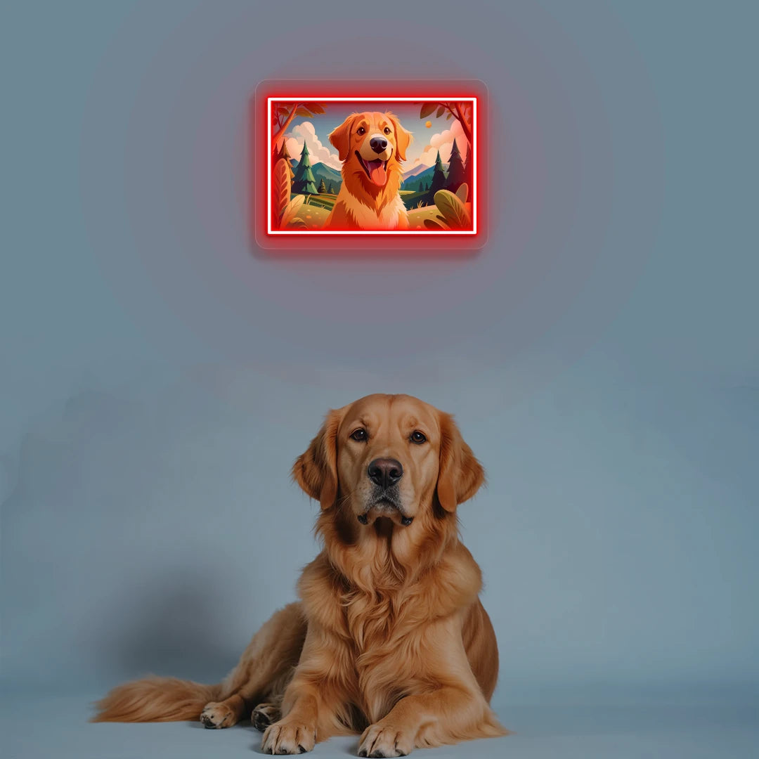 Mountain Trail Golden Retriever Portrait Neon Artwork in red color