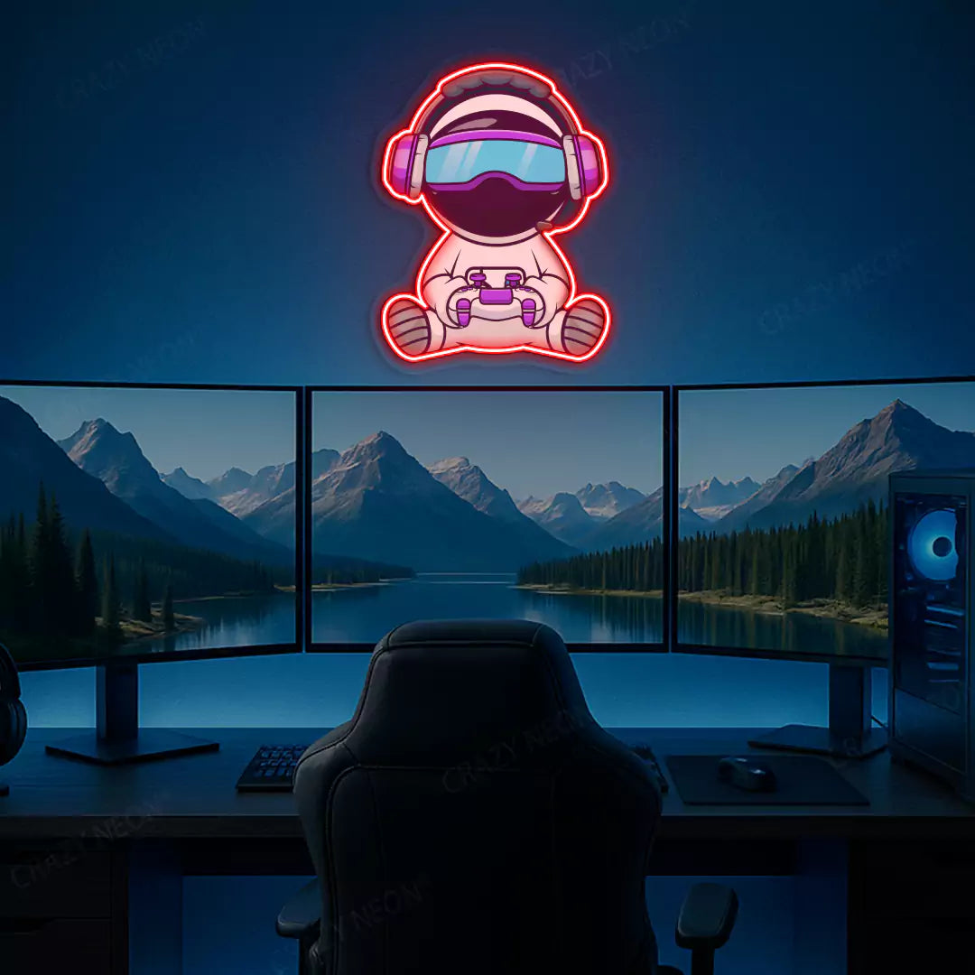 Kid Astronaut VR Gamer Neon Artwork in Red Color mounted on Wall 