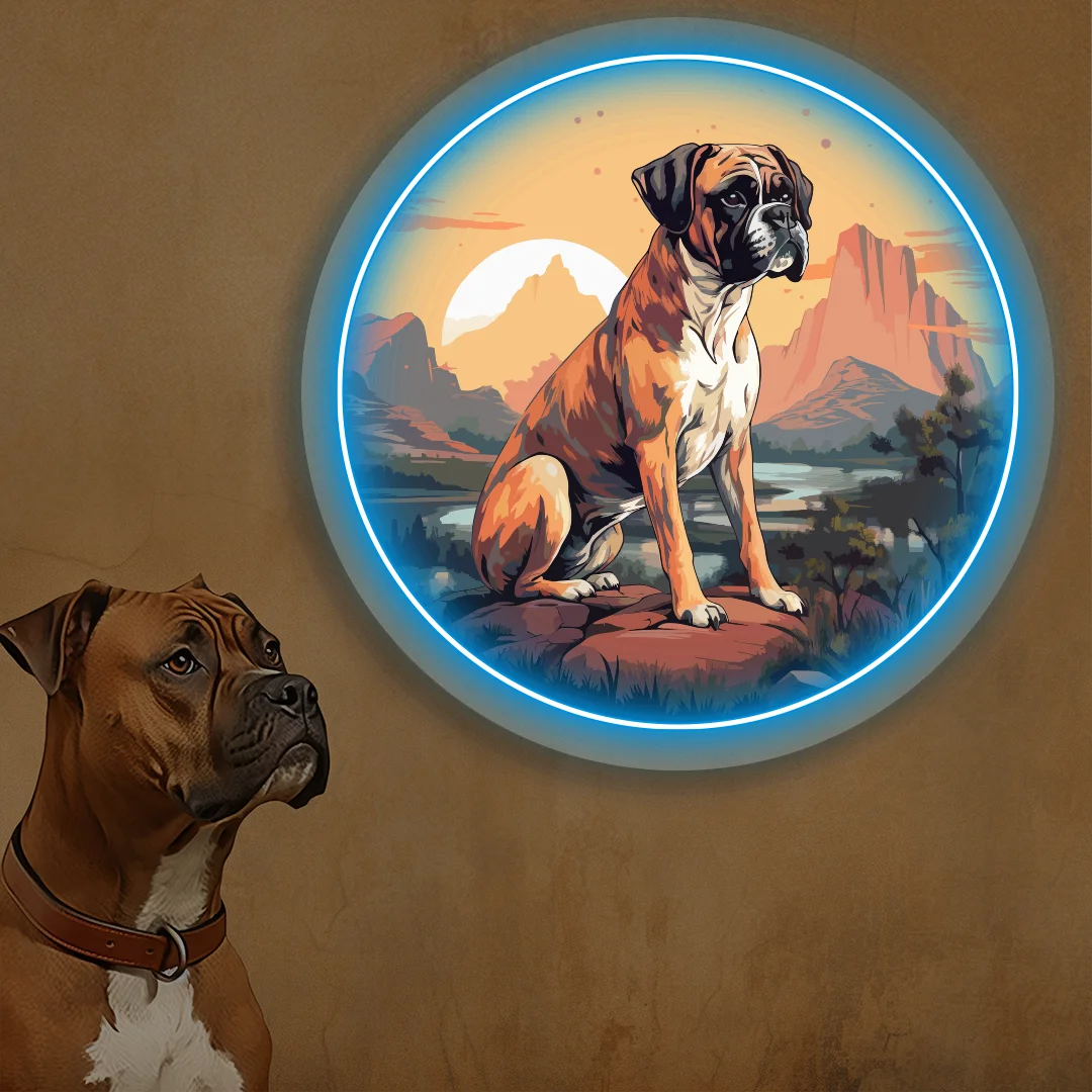 Desert Sunset Boxer Dog Neon Artwork in Iceblue color