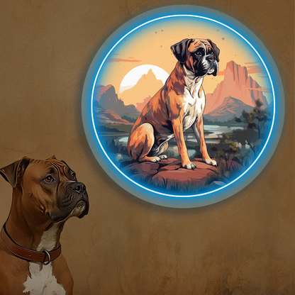 Desert Sunset Boxer Dog Neon Artwork in Iceblue color