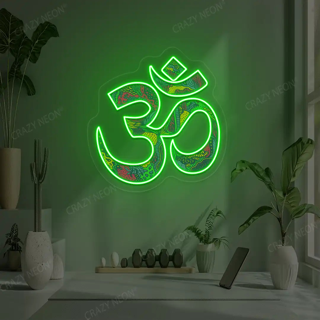 Psychedelic OM Neon Artwork lighting up in green color in a yoga room