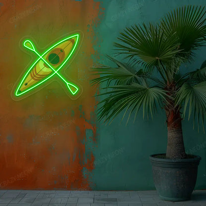 green kayak boat neon artwork mounted on a wall