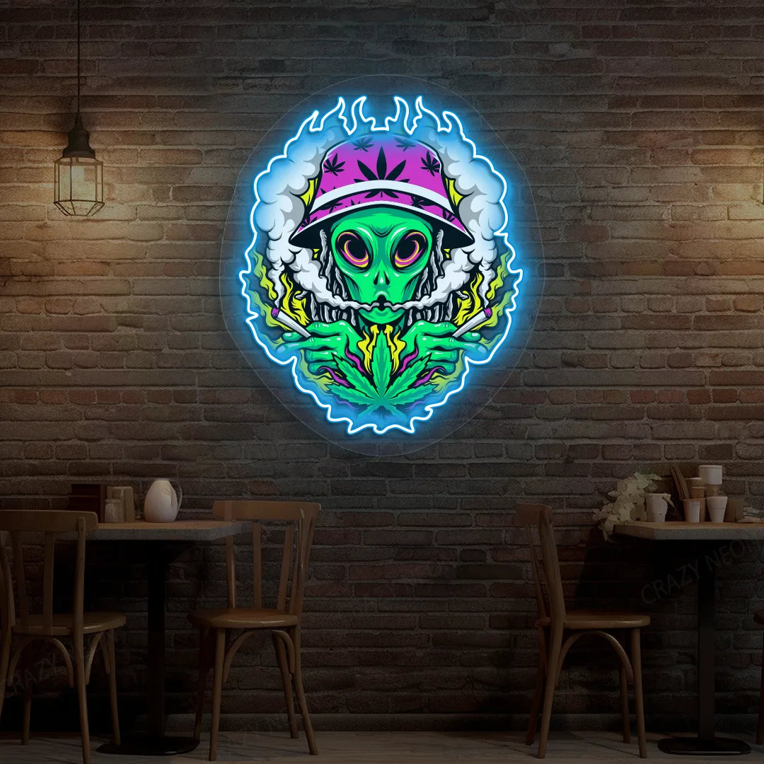 Alien Smoking Weed Neon Artwork in iceblue color