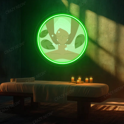Facial Massage Neon Artwork lighting up in green color on a spa wall