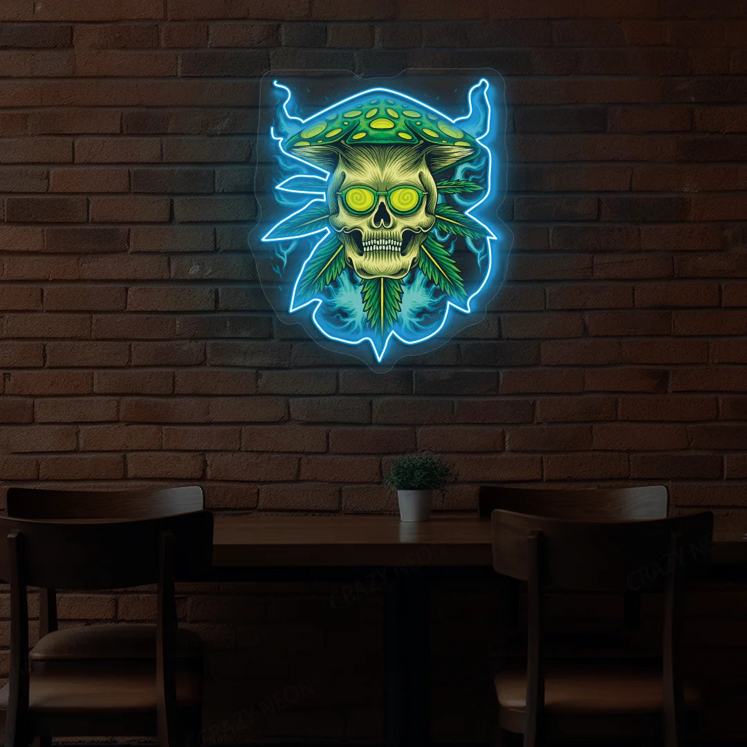 Psychedelic Skull Mushroom Hat Weed Neon Artwork in Iceblue Color