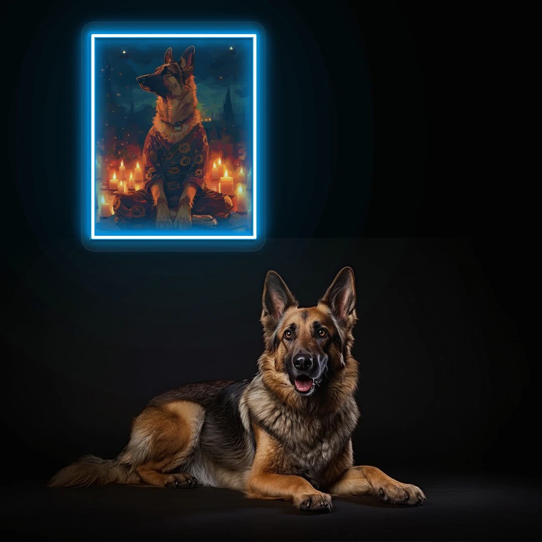 Candlelight Zen German Shepherd Neon Artwork in Iceblue Color