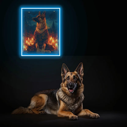 Candlelight Zen German Shepherd Neon Artwork in Iceblue Color