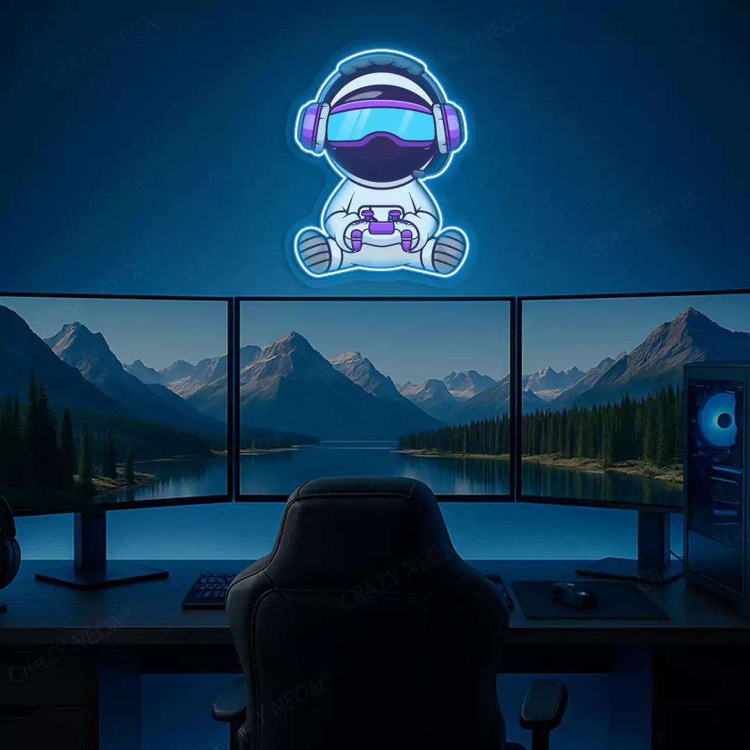 Kid Astronaut VR Gamer Neon Artwork in Ice Blue Color mounted on Wall 