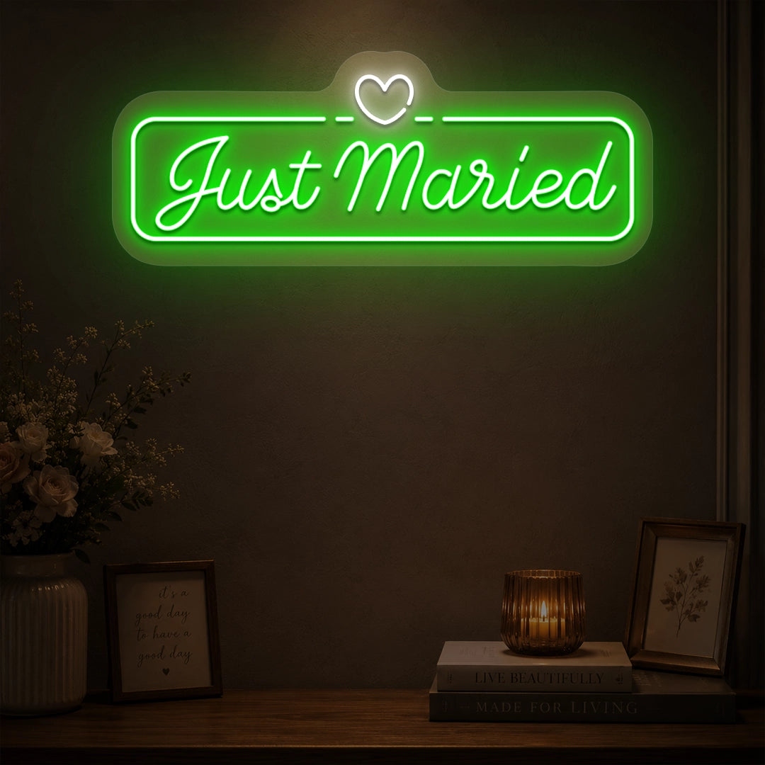 Just Married Heartbound Wedding Neon Sign in Green color