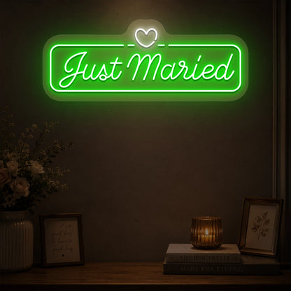 Just Married Heartbound Wedding Neon Sign in Green color