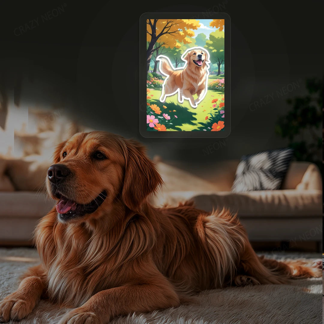 Golden Retriever Garden Portrait Neon Artwork in warmwhite