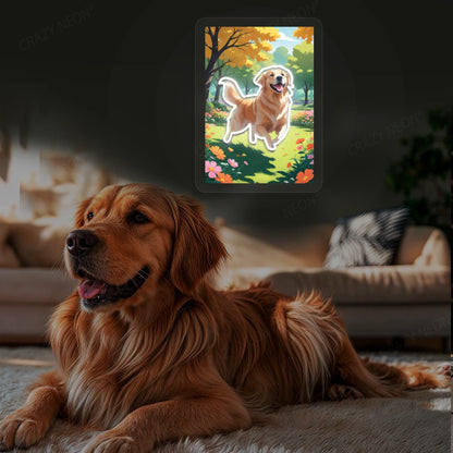 Golden Retriever Garden Portrait Neon Artwork in warmwhite
