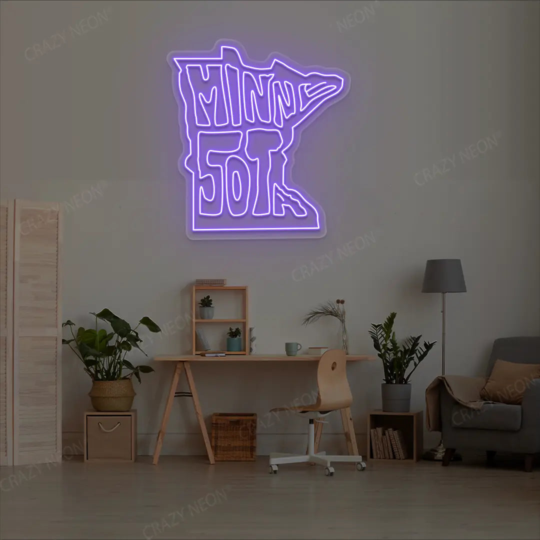 MINNESOTA Map Neon Sign lighting up in purple color in a room