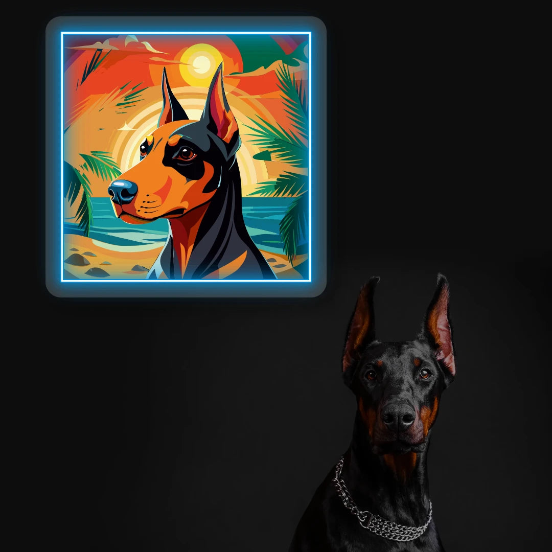 Tropical Sunset Doberman Neon Artwork in Iceblue Color
