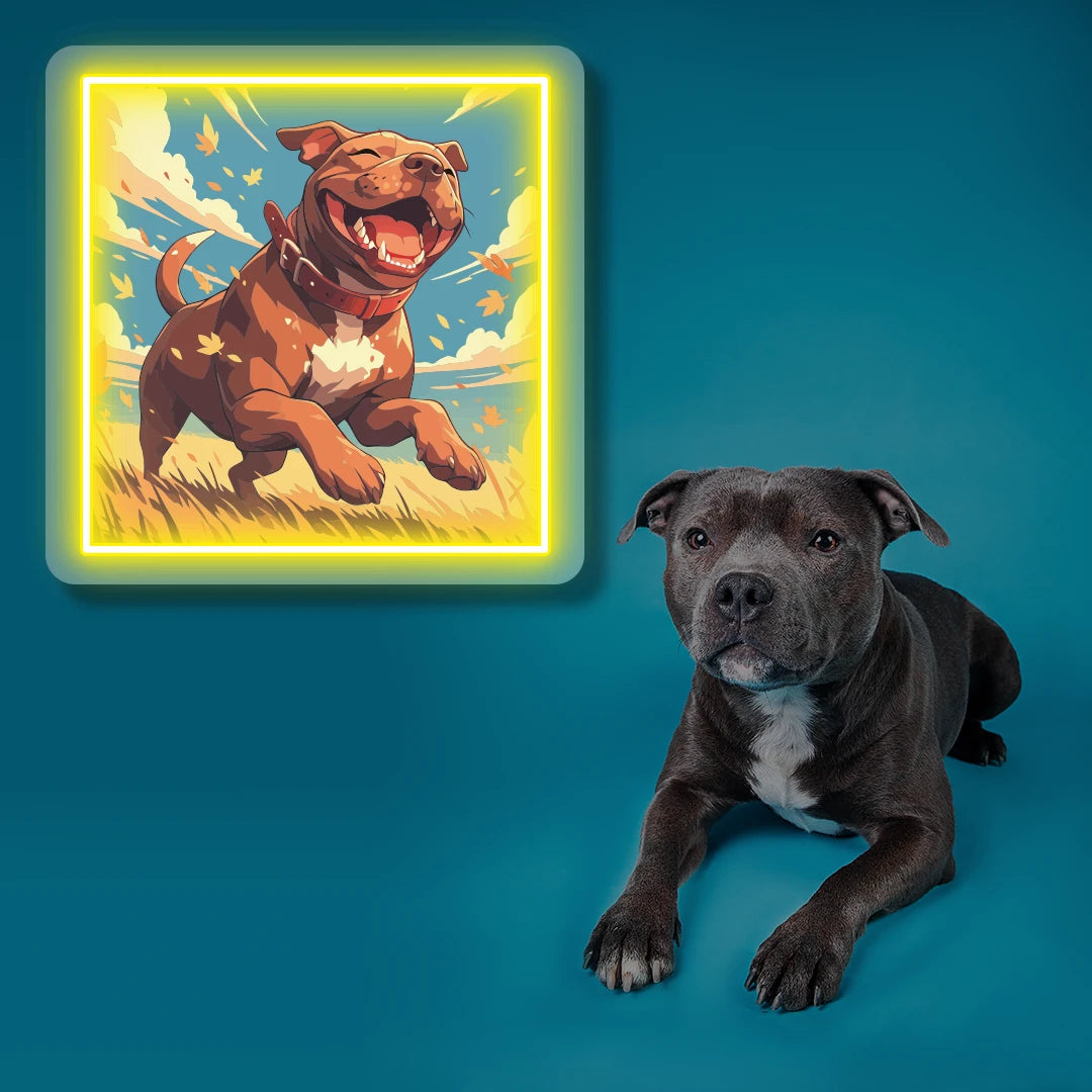 Happy Staffordshire Bull Terrier Portrait Neon Artwork in yellow