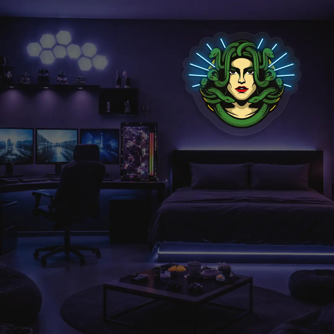 Medusa Head Snake Neon Artwork in Iceblue Color