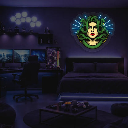 Medusa Head Snake Neon Artwork in Iceblue Color